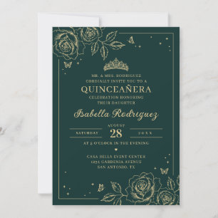 Invitation Quinceañera Florale Or Émeraude
