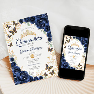 Invitation Quinceanera Florale Or Navy