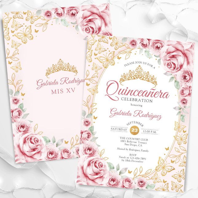 Invitation Quinceanera Florale Or Rose (Créateur téléchargé)
