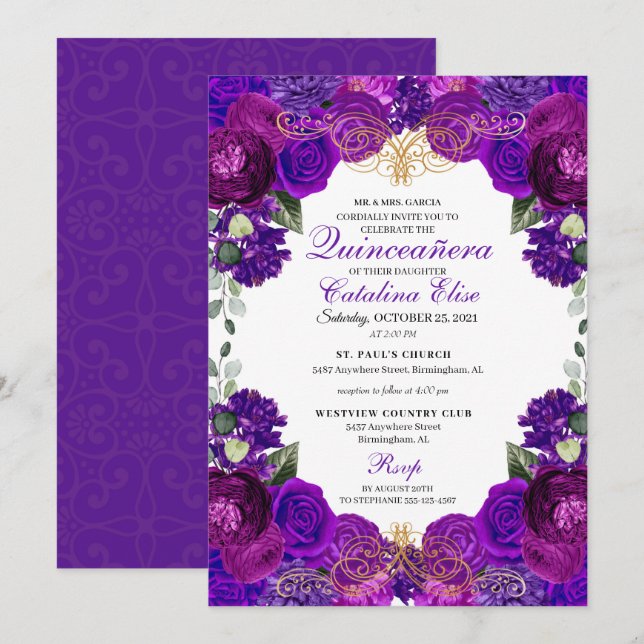 Invitation Quinceanera florale pourpre et or (Devant / Derrière)