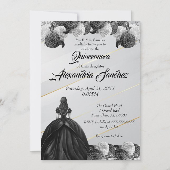 Invitation Quinceanera florale rayée en or noir et blanc (Devant)