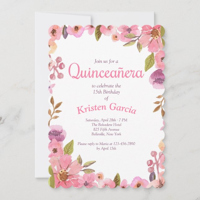 Invitation Quinceañera florale rose (Devant)
