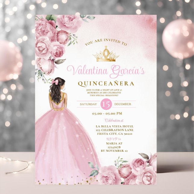 Invitation Quinceañera florale rose 15 Anos Fleurs Couronne o (Créateur téléchargé)