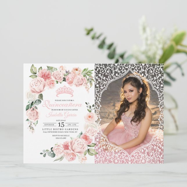Invitation Quinceanera Florale Rose Anniversaire Photo Invita (Debout devant)