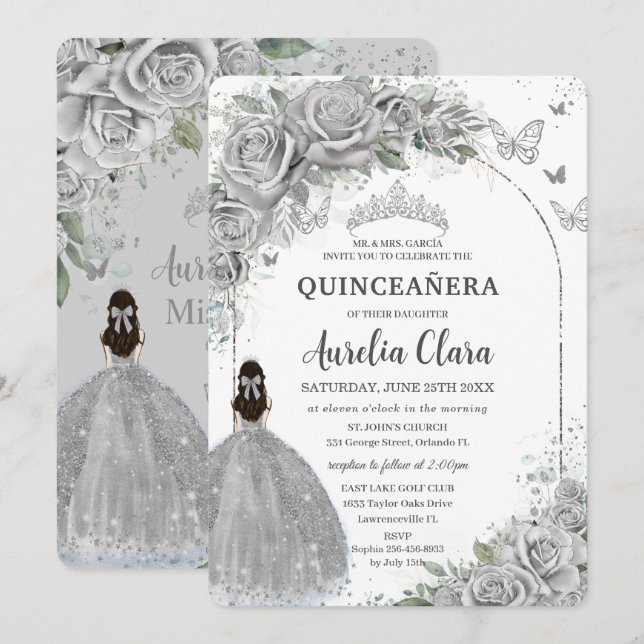 Invitation Quinceanera Florale Rose en argent Douce 16 Annive (Devant / Derrière)