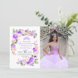 Invitation Quinceanera florale rose et violet Photo d'anniver