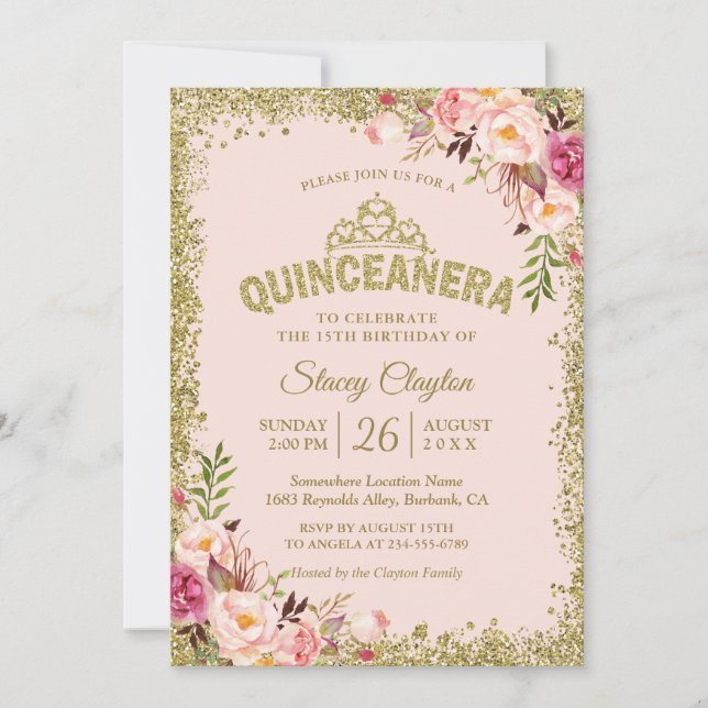 Invitation Quinceanera florale rose or bleu 15e anniversaire (Devant)