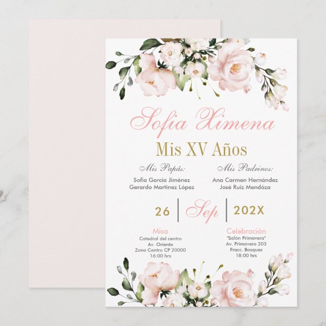 Invitation Quinceanera florale rose pâle espagnole (Devant / Derrière)