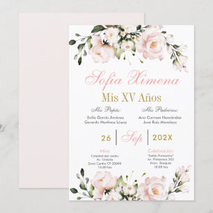Invitation Quinceanera florale rose pâle espagnole
