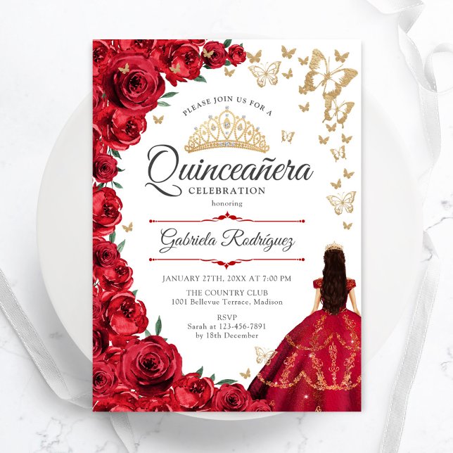 Invitation Quinceanera Florale Roses Rouges Or (Créateur téléchargé)