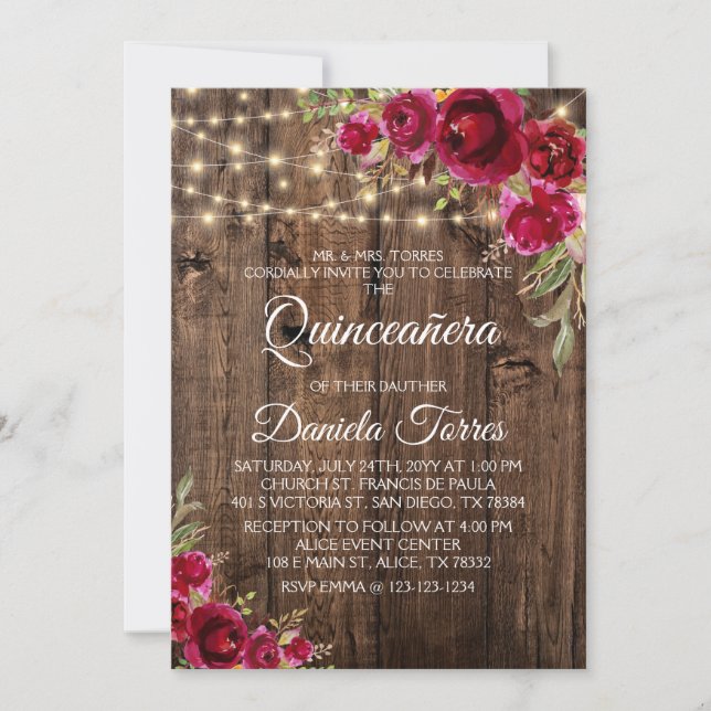 Invitation Quinceañera florale rustique 15e (Devant)