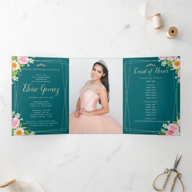 Invitation Quinceanera Florale Triplée Vert (Intérieur)