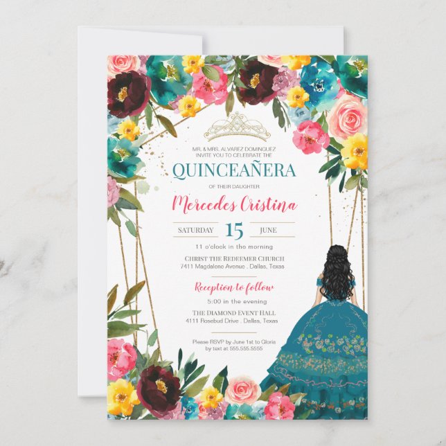 Invitation Quinceanera florale turquoise rose jaune (Devant)