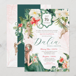 Invitation Quinceanera florale vert émeraude à feuilles tropi