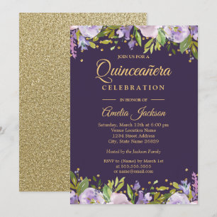 Invitation Quinceanera Florale Violet Doré Brillan