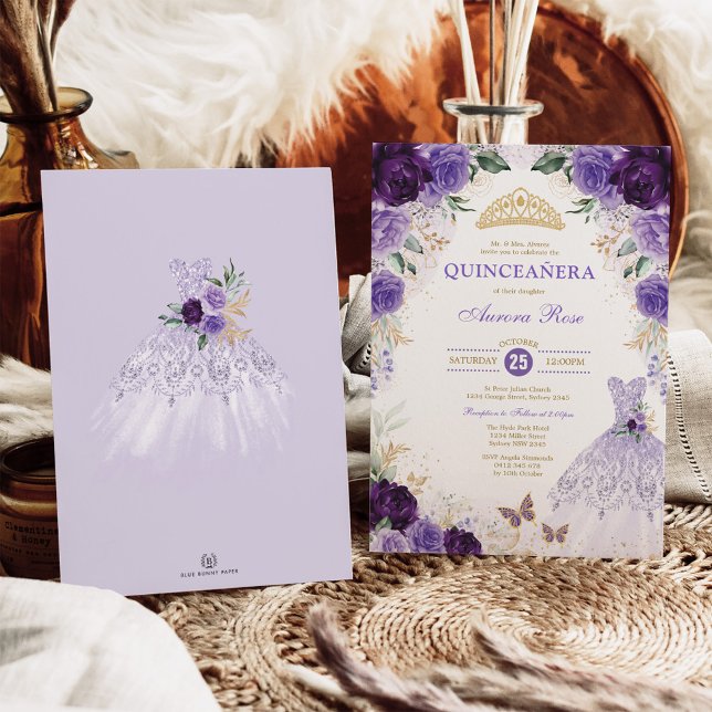 Invitation Quinceañera florale violette Mis Quince 15e annive (Créateur téléchargé)