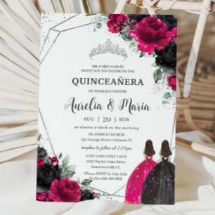 Invitation Quinceañera Fuchsia Black Floral Twins Argent