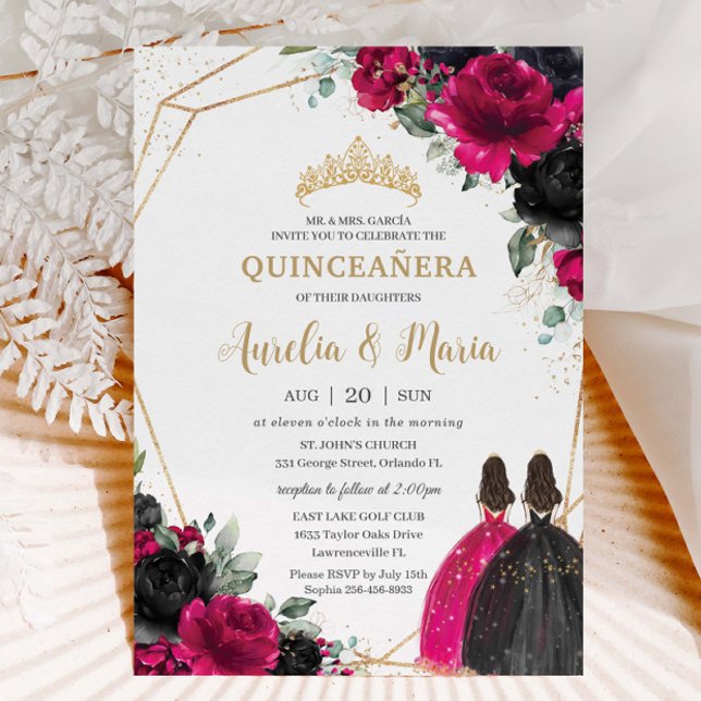 Invitation Quinceañera Fuchsia Black Floral Twins Or (Créateur téléchargé)
