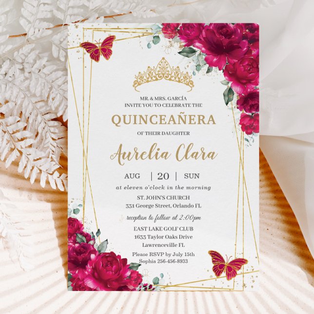 Invitation Quinceañera Fuchsia Papillons floraux roses Tiara (Créateur téléchargé)