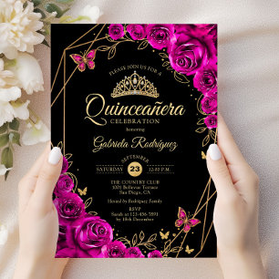 Invitation Quinceanera Fuchsia Rose Black Gold Floral