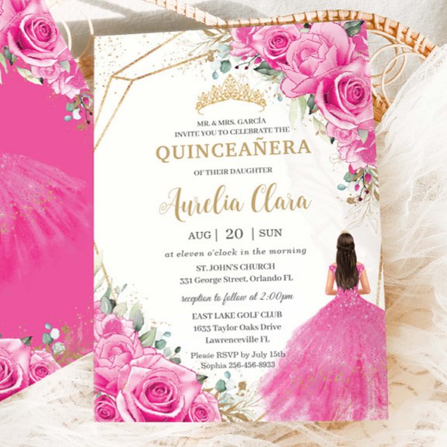 Invitation Quinceañera Fuchsia Rose Floral Princess Gold (Créateur téléchargé)
