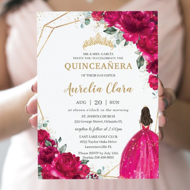 Invitation Quinceañera Fuchsia Rose Floral Princesse Gown Or (Créateur téléchargé)