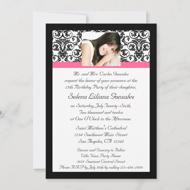 Invitation Quinceanera Fushcia Damask rose et noir (Devant)