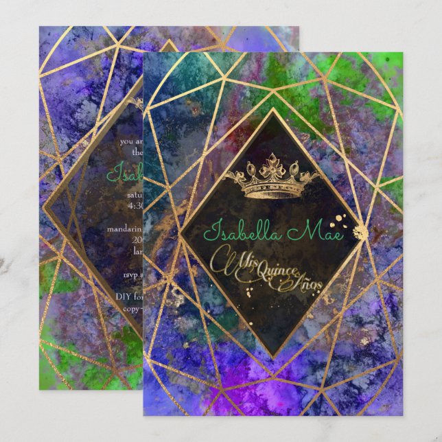 Invitation Quinceanera/Galaxy/Neon Purple/Princesse/Couronne (Devant / Derrière)
