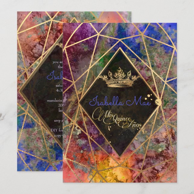 Invitation Quinceanera/Galaxy/Neon Purple/Princesse/Couronne (Devant / Derrière)