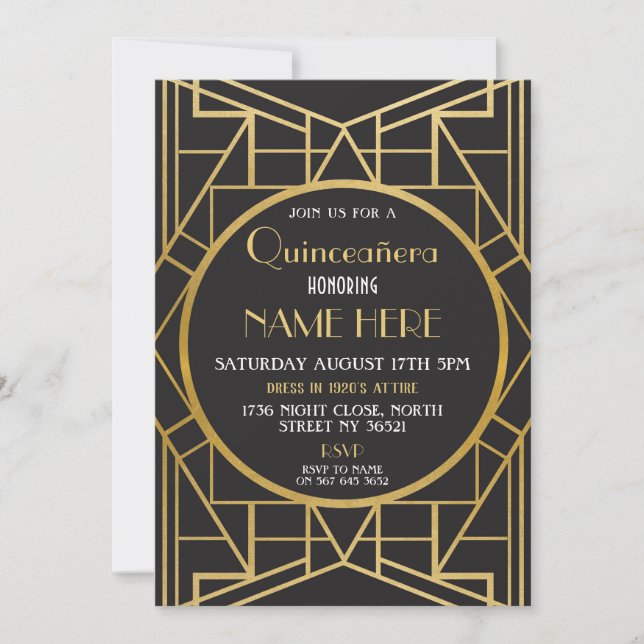Invitation Quinceanera Gatsby, fête d'anniversaire Art déco d (Devant)