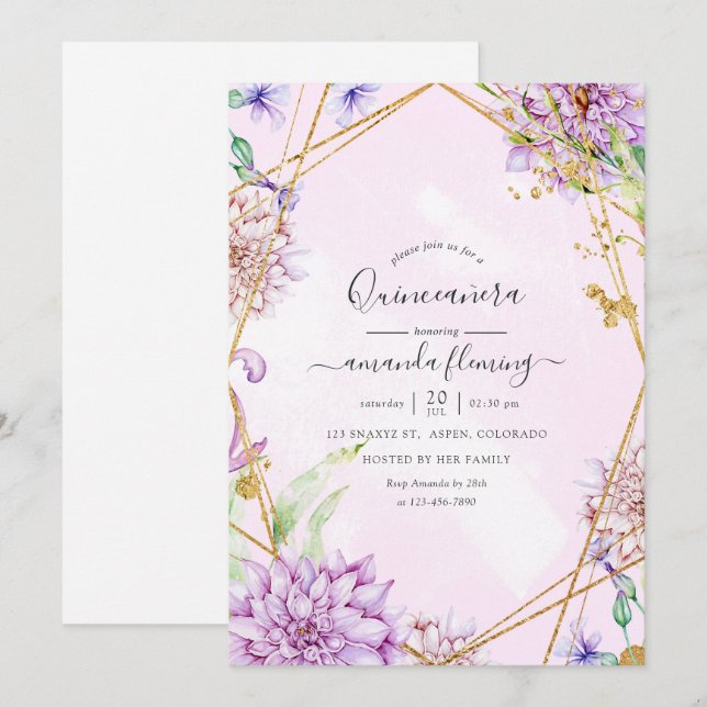 Invitation Quinceañera géométrique florale violet et or (Devant / Derrière)