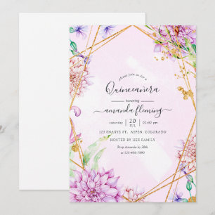 Invitation Quinceañera géométrique florale violet et or