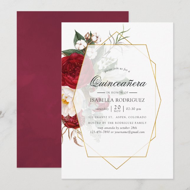 Invitation Quinceañera géométrique rouge et blanc de Bourgogn (Devant / Derrière)
