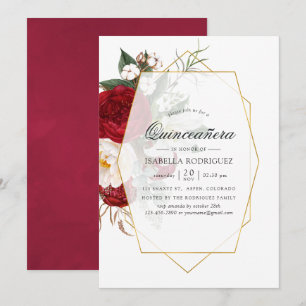 Invitation Quinceañera géométrique rouge et blanc de Bourgogn