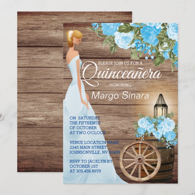 Invitation Quinceañera Girl - Baril de bois et fleurs bleues (Devant / Derrière)
