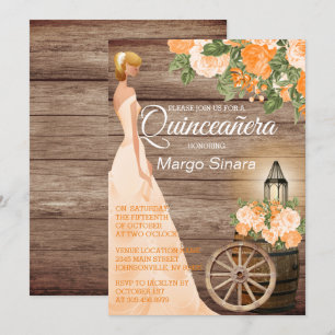 Invitation Quinceañera Girl - Baril de bois & Fleurs orange