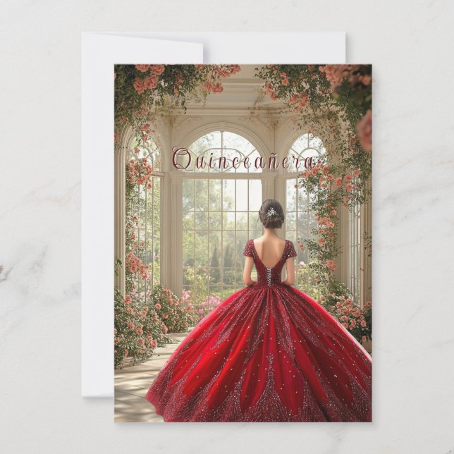 Invitation Quinceanera Girl Portant la robe rouge en Atrium (Devant)
