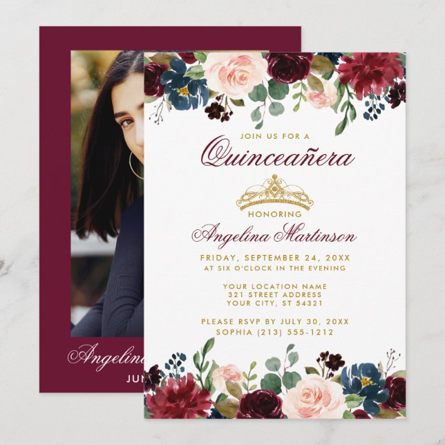 Invitation Quinceanera Gold Couronne Bourgogne bleu floral ph (Devant / Derrière)