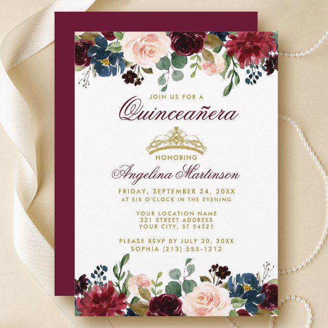 Invitation Quinceanera Gold Couronne Bourgogne Blue Floral In (Customize to change text color, style, add text & photos to back or change color of back of card.)