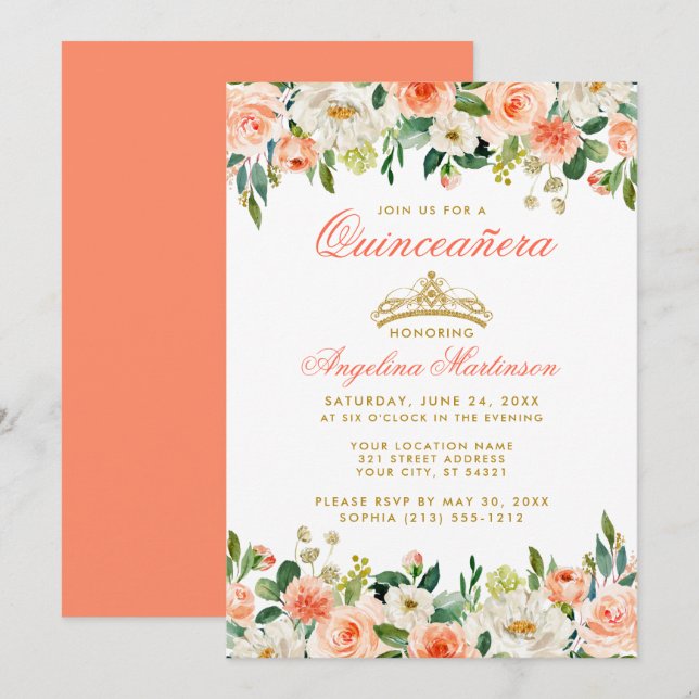 Invitation Quinceanera Gold Couronne Coral Floral (Devant / Derrière)