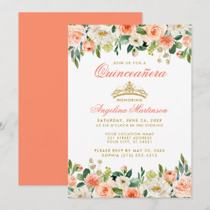 Invitation Quinceanera Gold Couronne Coral Floral
