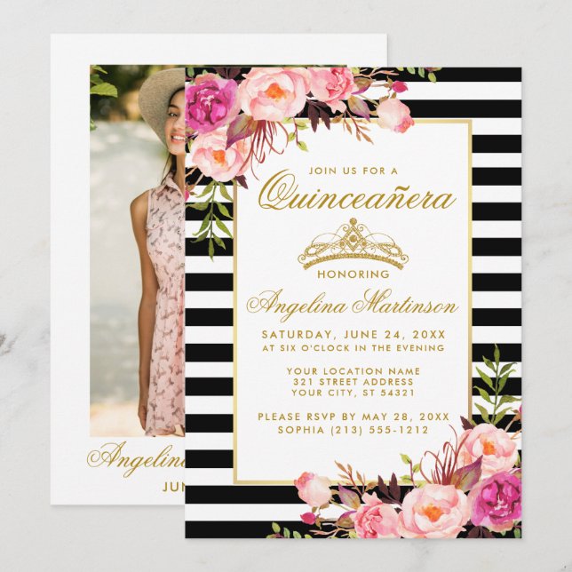 Invitation Quinceanera Gold Crown Rose Florale Grilles Photo (Devant / Derrière)