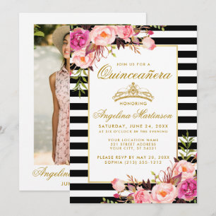 Invitation Quinceanera Gold Crown Rose Florale Grilles Photo