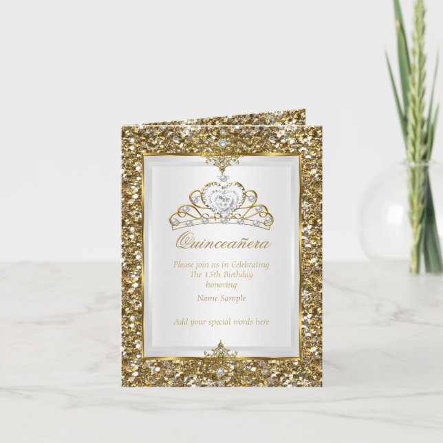 Invitation Quinceanera Gold Parties scintillant White Pearl T (Devant)