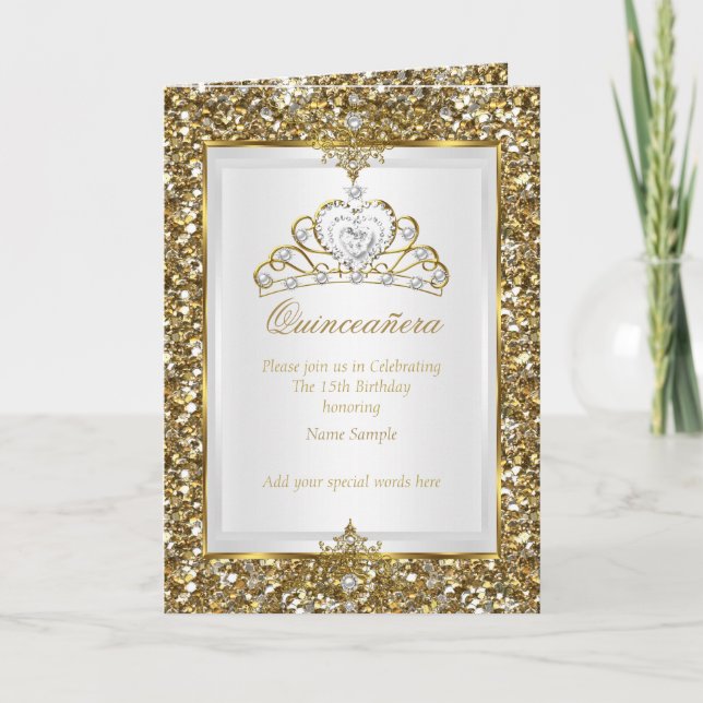 Invitation Quinceanera Gold Parties scintillant White Pearl T (Devant)