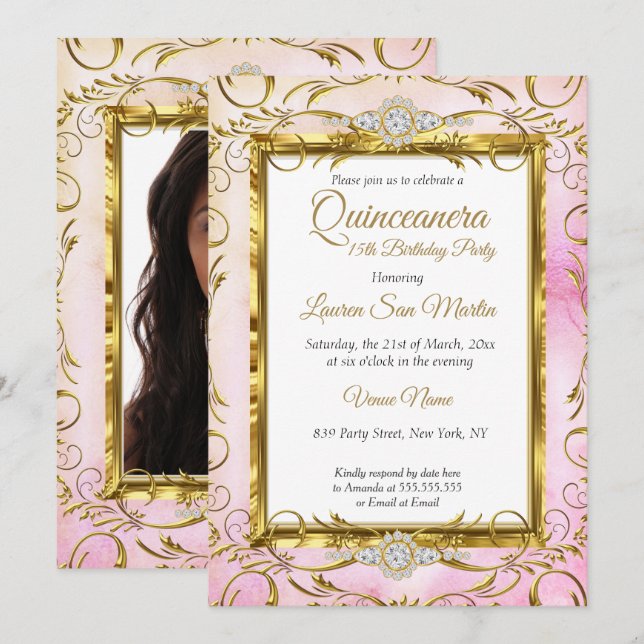 Invitation Quinceanera Gold Rose Diamond Photo Anniversaire (Devant / Derrière)