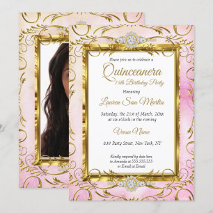 Invitation Quinceanera Gold Rose Diamond Photo Anniversaire