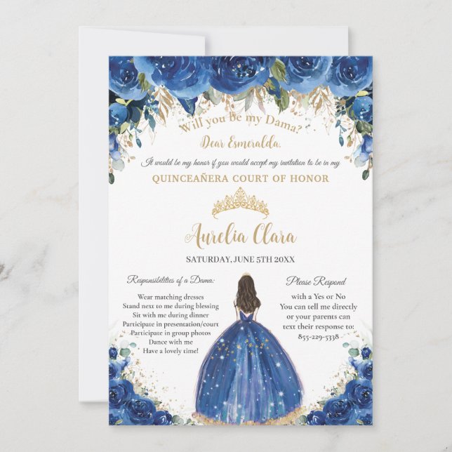 Invitation Quinceañera Gold Royal Blue Floral Dama Demande (Devant)