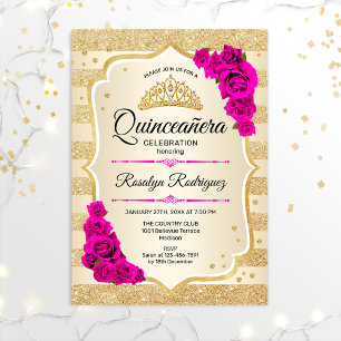 Invitation Quinceanera - Gold Stripes rose