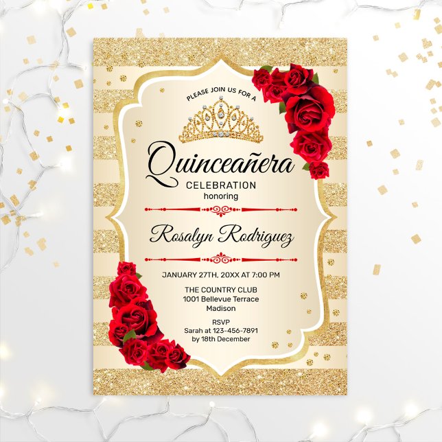 Invitation Quinceanera - Gold Stripes Rouge (Créateur téléchargé)